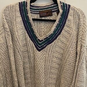 Authentic Issue 90 Vintage Mens Large Cable Knit V-Neck‎ Sweater Cotton Tennis